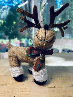Jointed Plush Reindeer Ornament 7”  By Garson Int. Sparkly Tan With Ribbon
